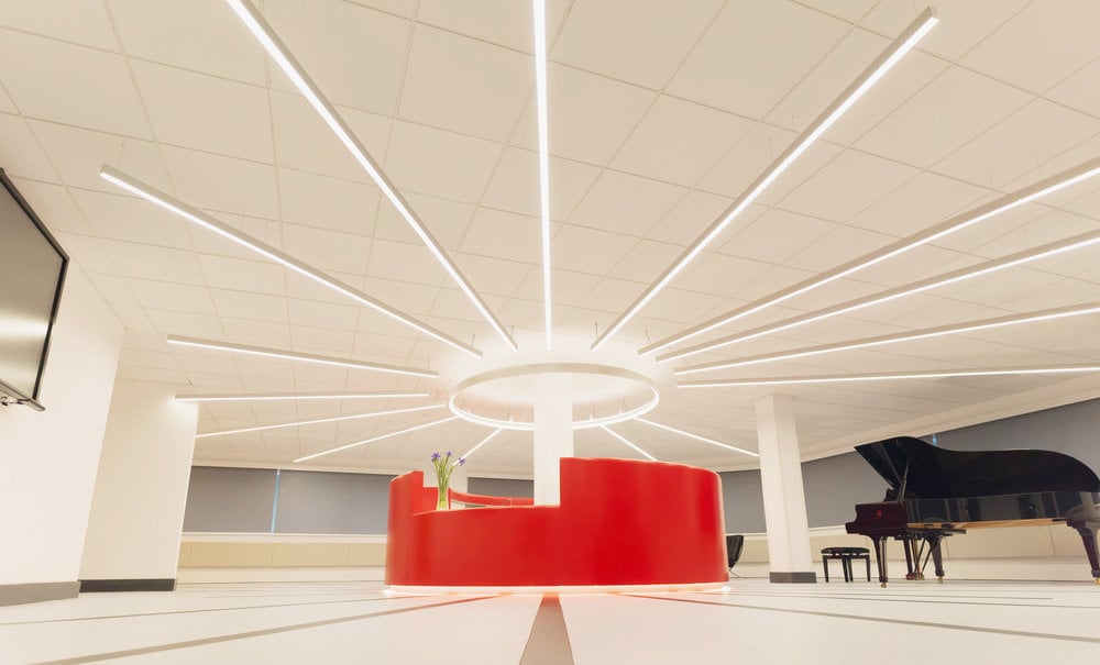 Creative lighting for reception areas at The National Mathematics and Science College (NMSC), Warwick.