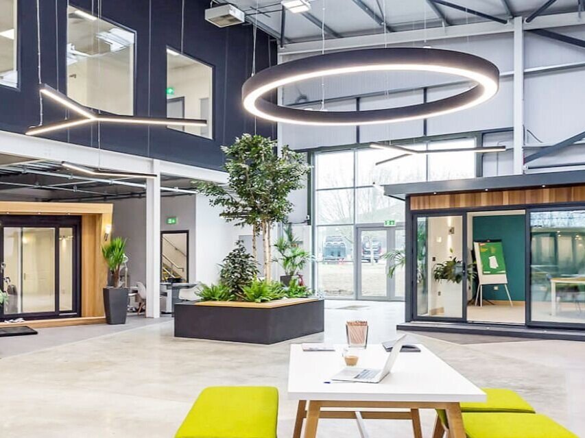 Circular suspended light fittings for showrooms.
