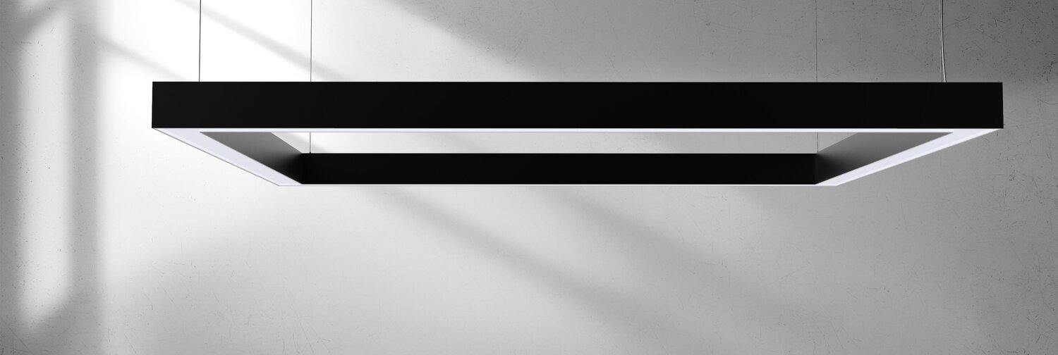 Square suspended light fittings for offices, workshops, showrooms and architectural spaces.