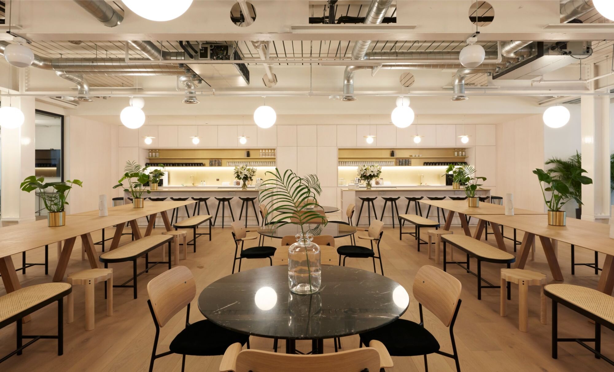 Suspended track lighting with decorative pendants at LABS 90 High Holborn, London.