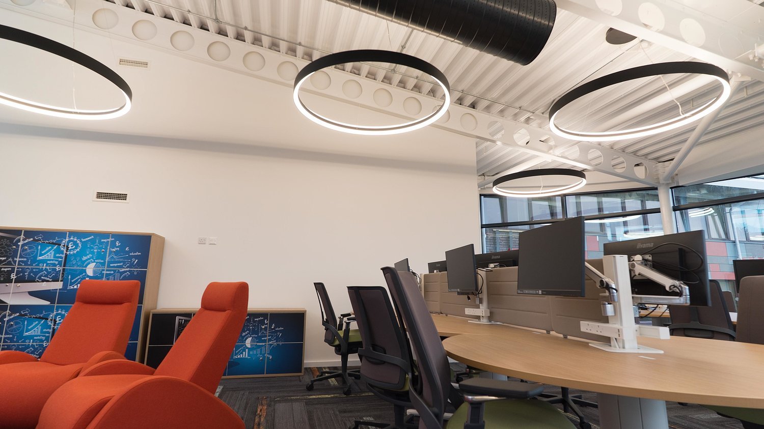 Office lighting scheme using indirect lighting only at Office for National Statistics (ONS), Newport.