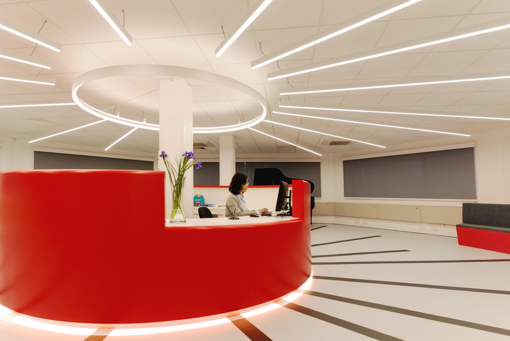 Creative lighting for reception areas at The National Mathematics and Science College (NMSC), Warwick.