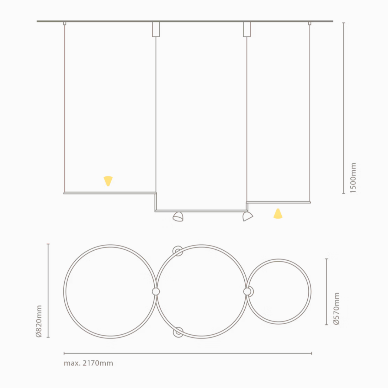 Aros suspended triple technical drawing