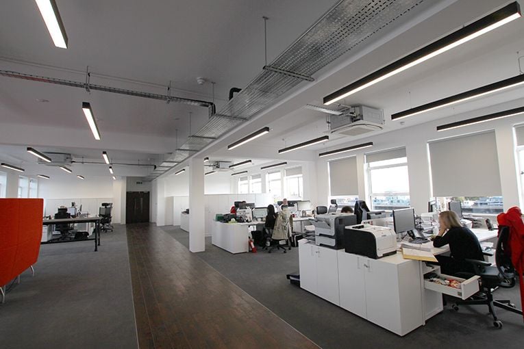 Slim linear office lighting at Vintry Building, Bristol