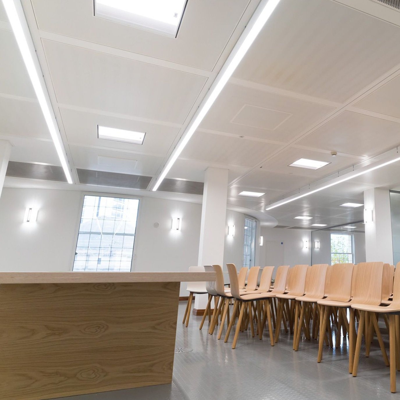 Custom lighting for suspended ceilings at Baskerville House, Birmingham.