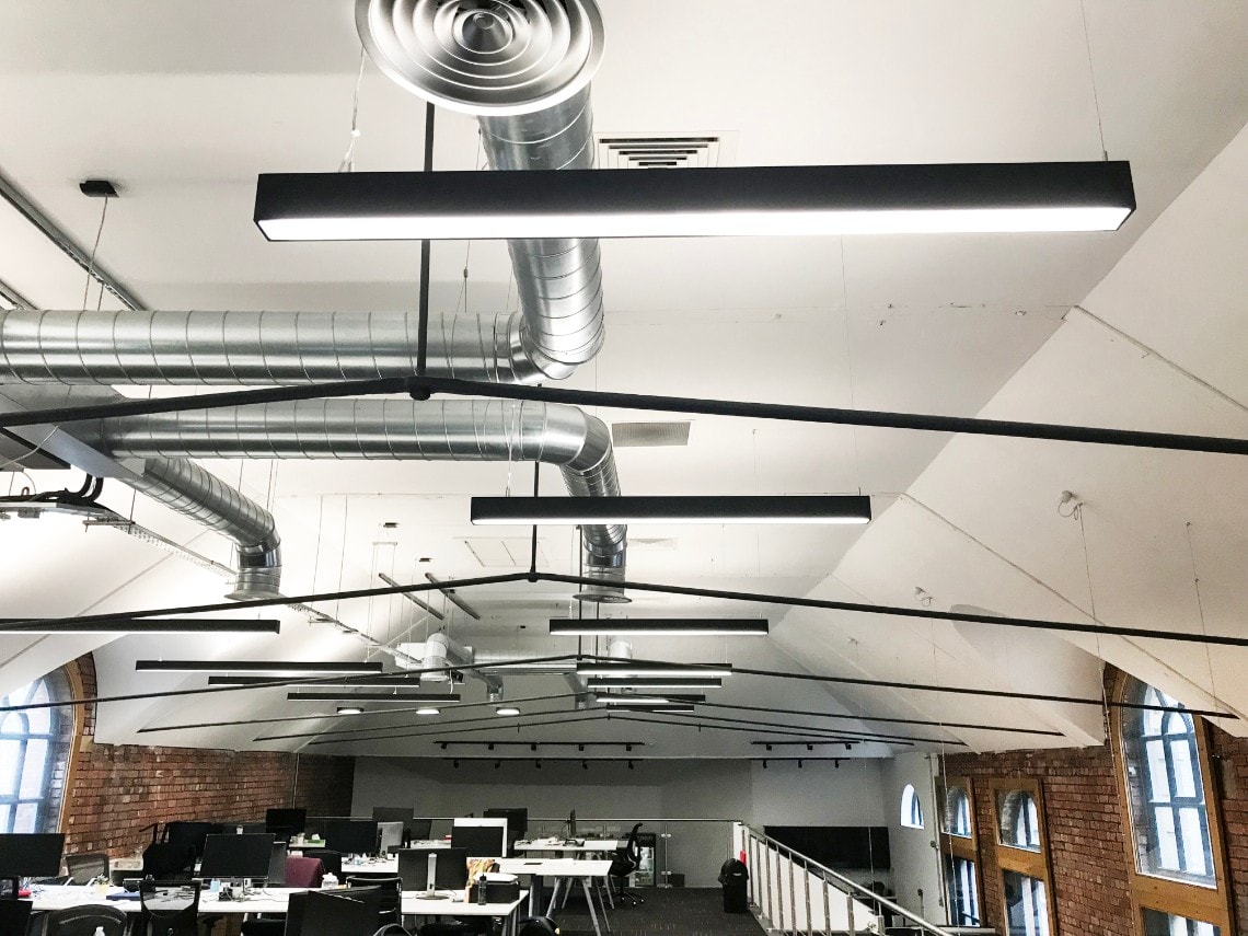 Office lighting for an industrial style CAT B fitout at 1 Cross York Street, Leeds.