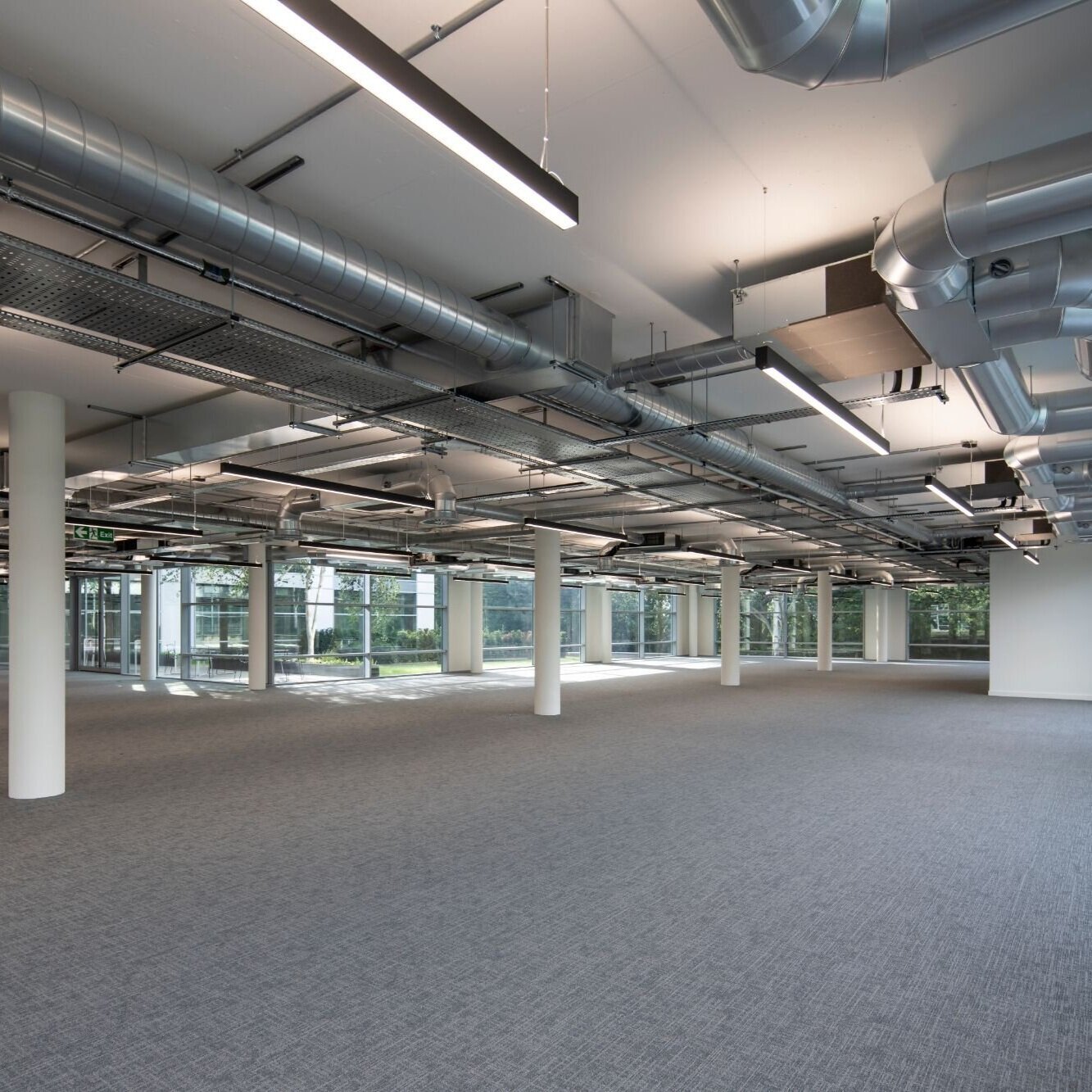 Office lighting for a stylish CAT A fitout at Birchwood Building, Surrey.