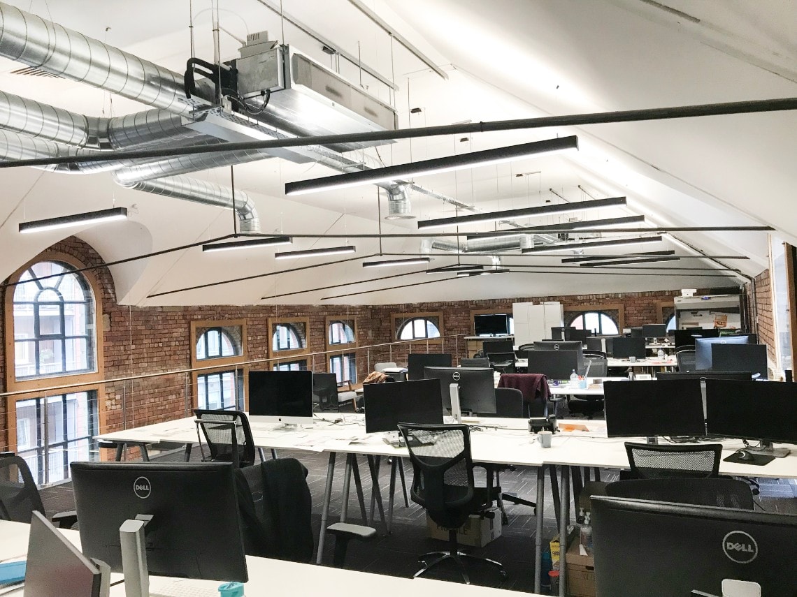 Office lighting for an industrial style CAT B fitout at 1 Cross York Street, Leeds.