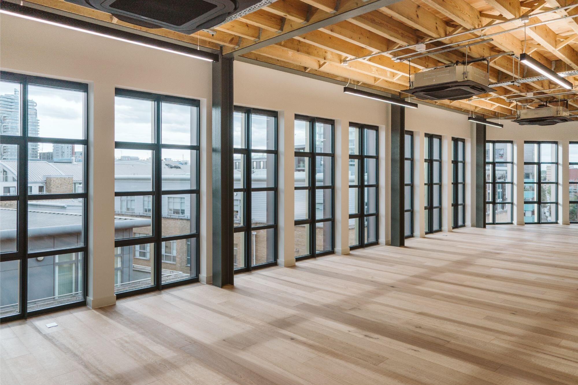 Office lighting for a contemporary CAT A fitout at 34-38 Provost Street, London.