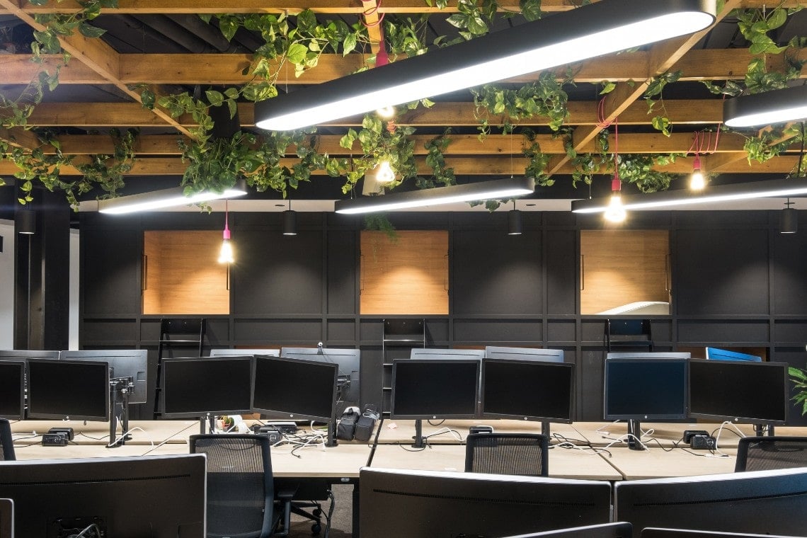 Office lighting for a trendy fast-paced CAT B fitout at Skyscanner HQ, London.