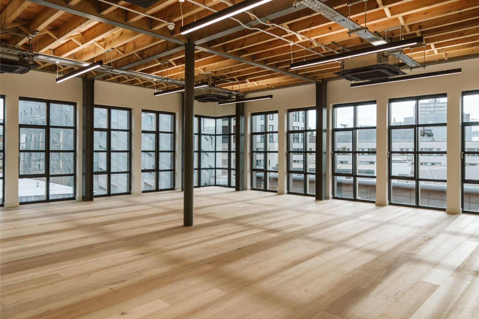 Office lighting for a contemporary CAT A fitout at 34-38 Provost Street, London.