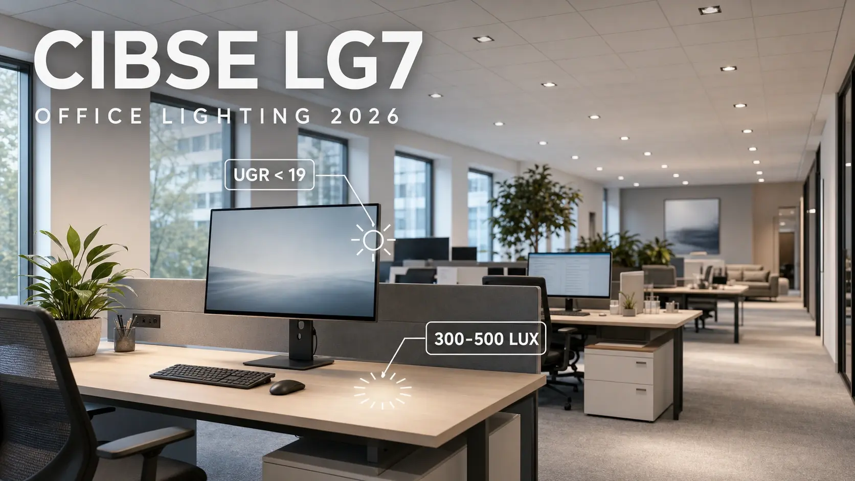 Modern open-plan office with recessed LED ceiling lighting illustrating CIBSE LG7 2026 standards, with callouts showing UGR less than 19 for glare control and 300–500 lux desktop illuminance on a workstation with dual monitors, keyboard, and desk plant