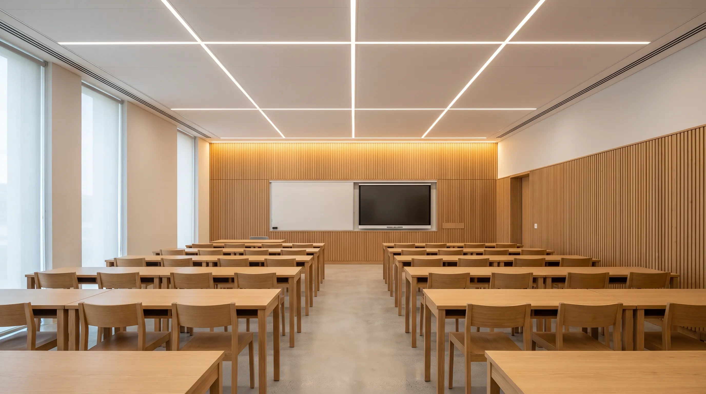Empty lecture classroom with a grid pattern of recessed linear LED ceiling lights, wood-panelled walls, whiteboard and screen at the front, and rows of wooden desks and chairs