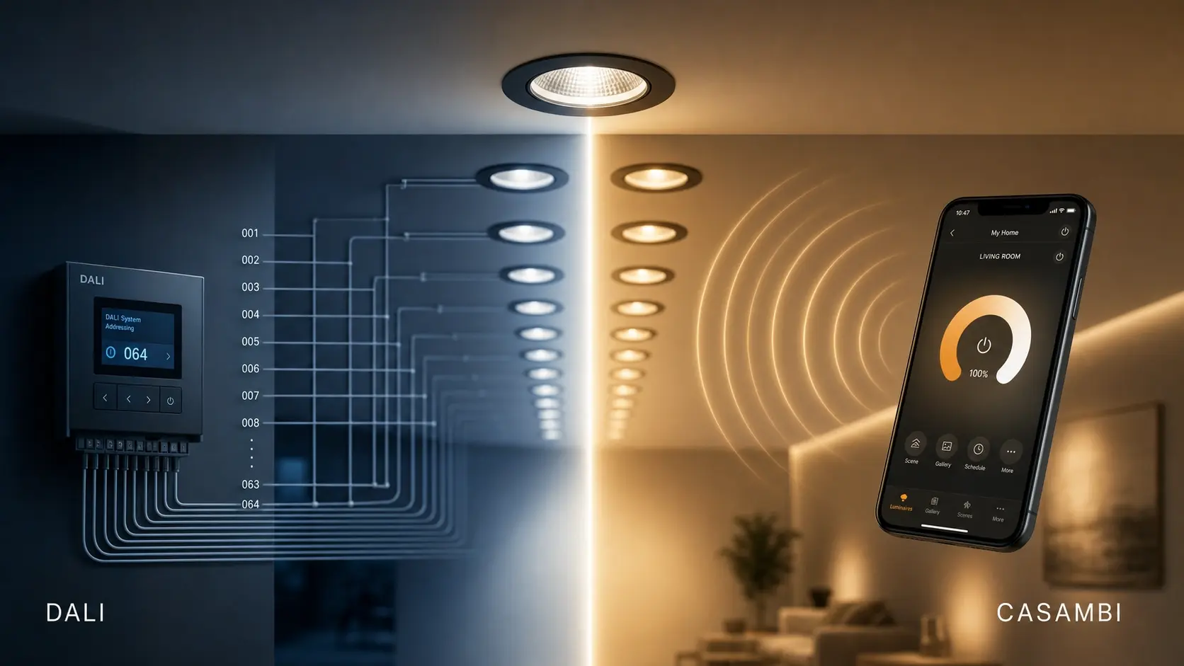 Split-screen illustration comparing DALI and Casambi lighting control systems: the left side shows DALI's wired digital addressing with a control panel and numbered cable connections in cool blue tones, while the right side shows Casambi's wireless Bluetooth mesh control via a smartphone app with radiating signal rings in warm amber tones.