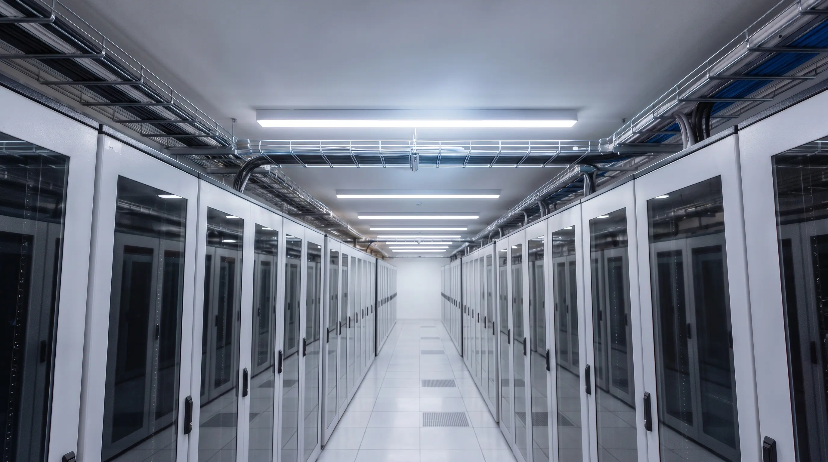 Data centre aisle with rows of glass-fronted server racks lit by overhead linear LED fixtures, with cable trays running along the ceiling