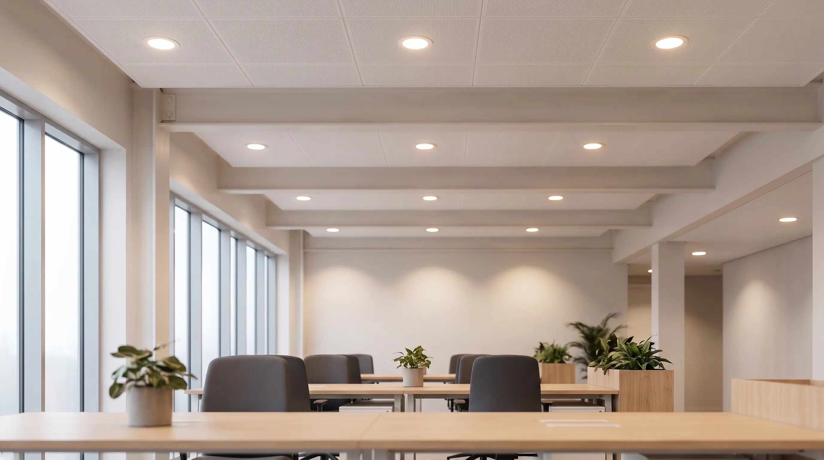 Rows of round recessed downlights across a grid-panel office ceiling, illuminating an open-plan workspace with desks, chairs, and potted plants