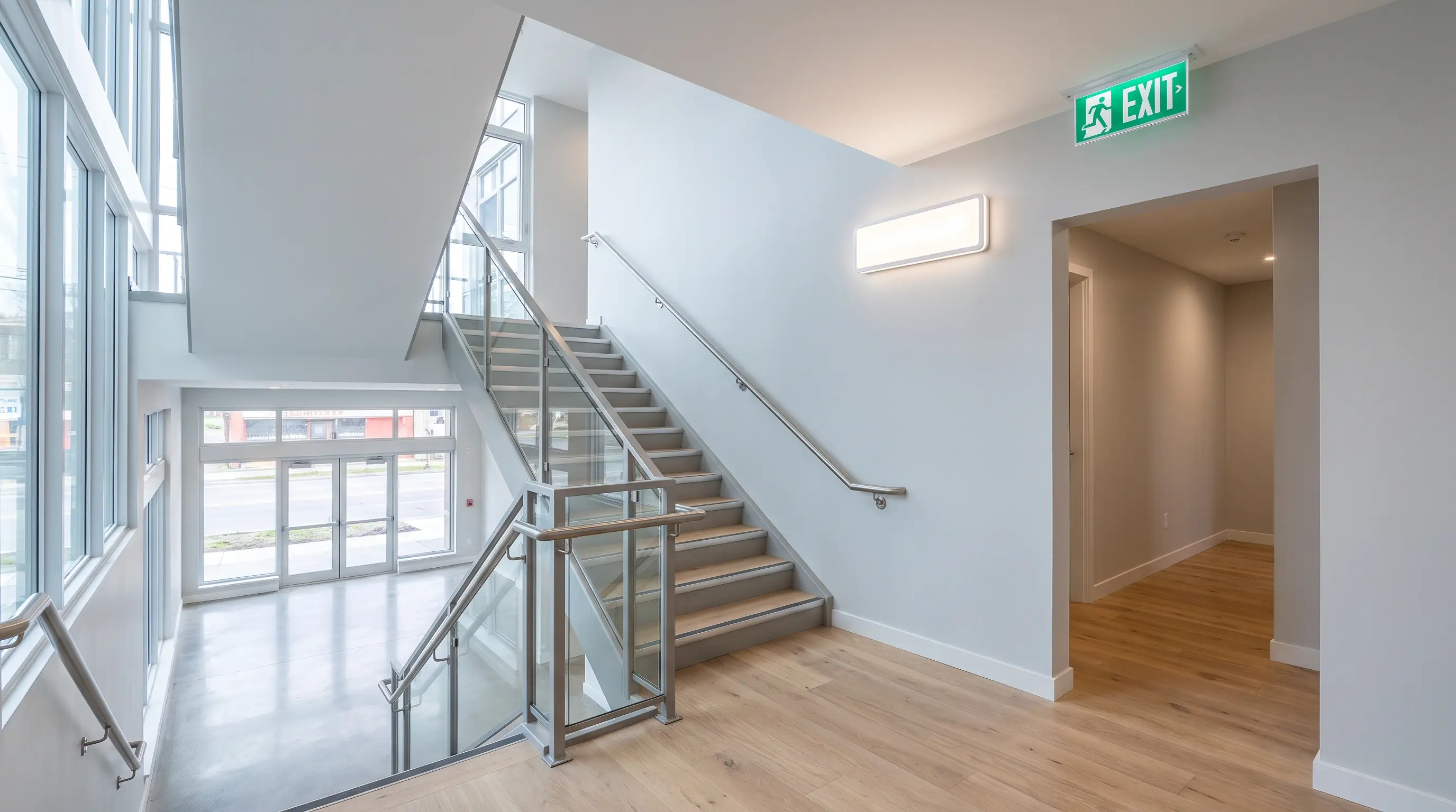 Wall-mounted emergency light and illuminated green EXIT sign above a staircase landing in a modern building lobby
