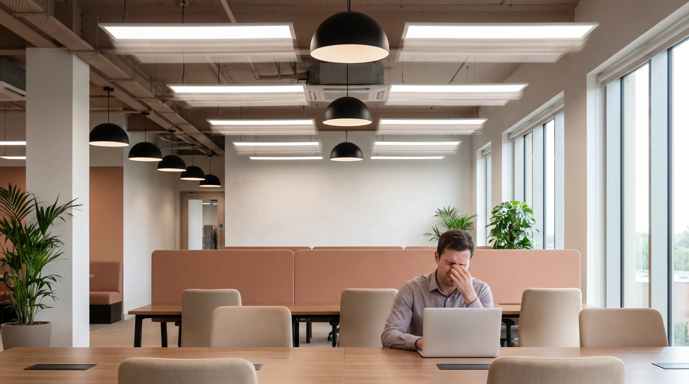 Office worker rubbing his eyes at his laptop under overhead panel and pendant lighting