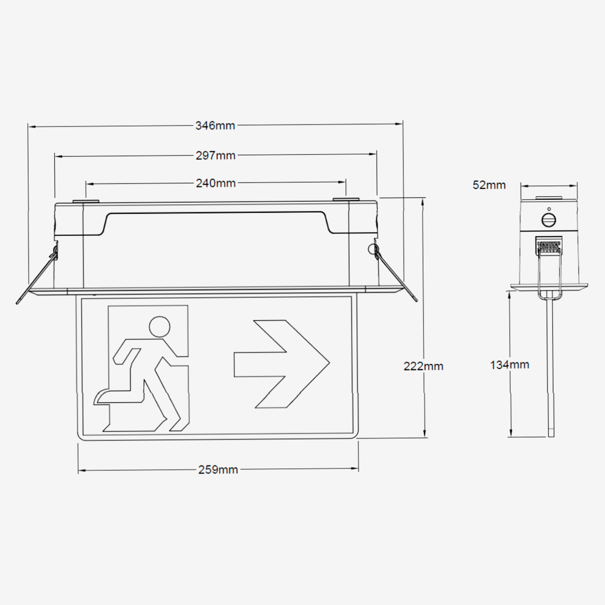 flow exit sign recessed technical drawing