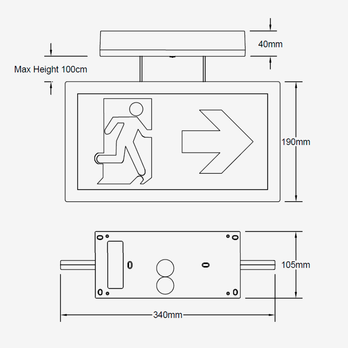 flow exit sign suspended technical drawing