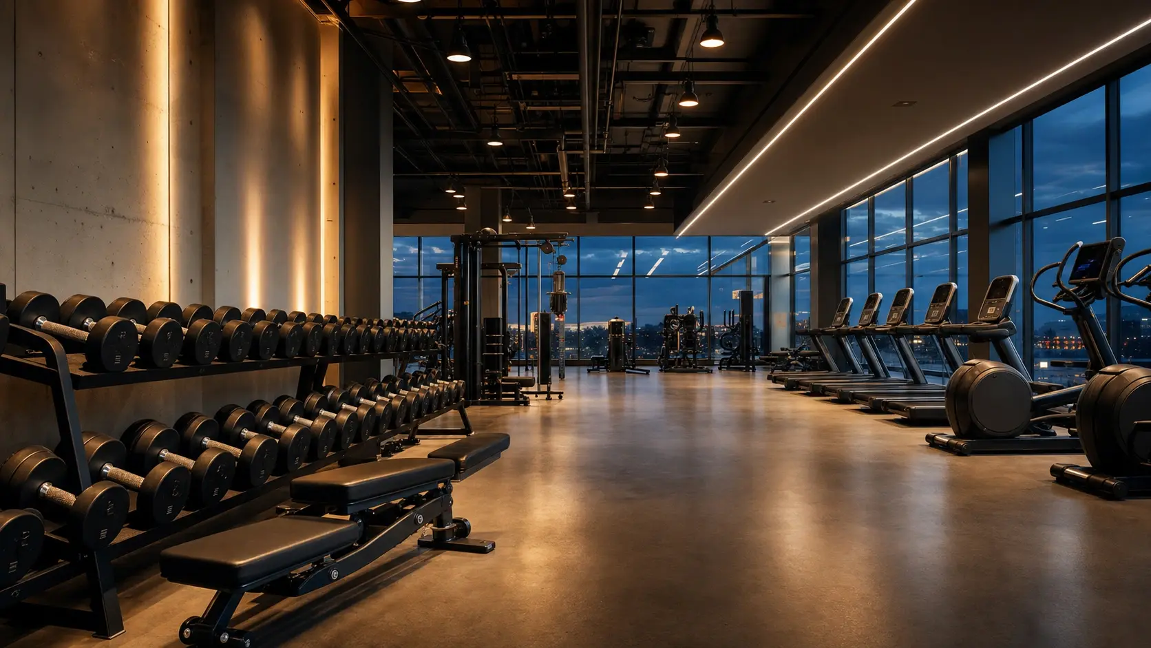Modern gym at dusk with warm accent lighting on a concrete wall, dumbbell racks and weight benches in the foreground, and LED strip lighting along the ceiling above cardio machines by floor-to-ceiling windows