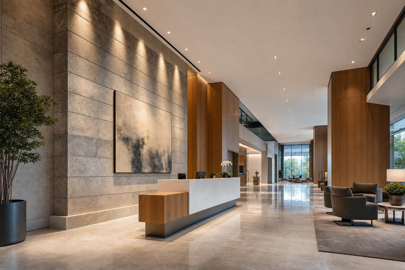 Adjustable gimbal downlights accenting a lobby feature wall. One of the 8 best commercial downlights for offices in 2026