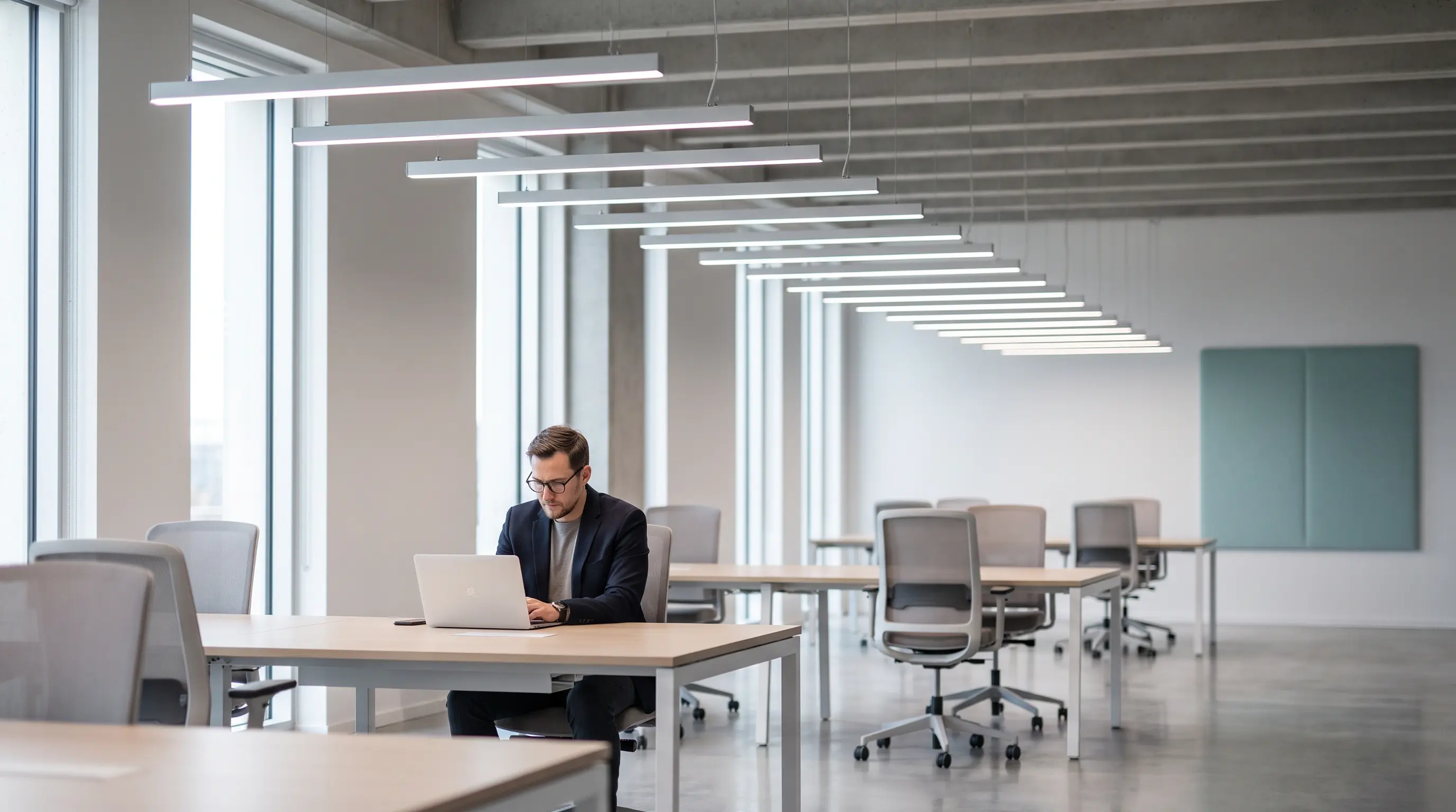 Man working on a laptop at a desk beneath rows of suspended linear LED pendant lights in an open-plan office