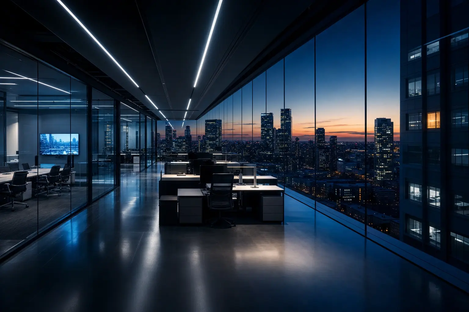 Empty high-rise office lit by cool linear ceiling lights at dusk, overlooking a city skyline as the sky darkens