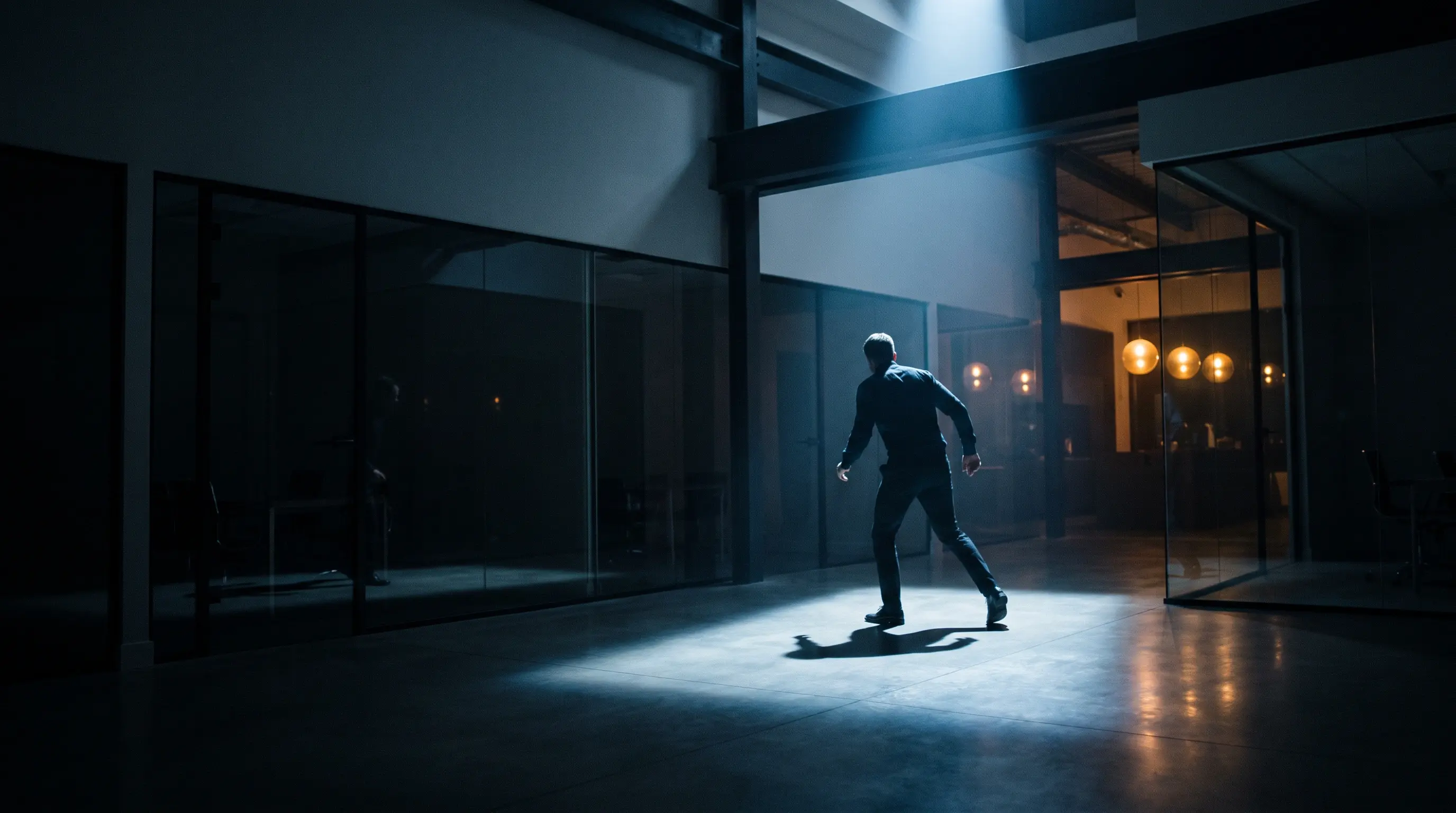 Man walking briskly through a dark office, caught in a single shaft of harsh overhead light with glowing pendant lamps glimpsed in the background