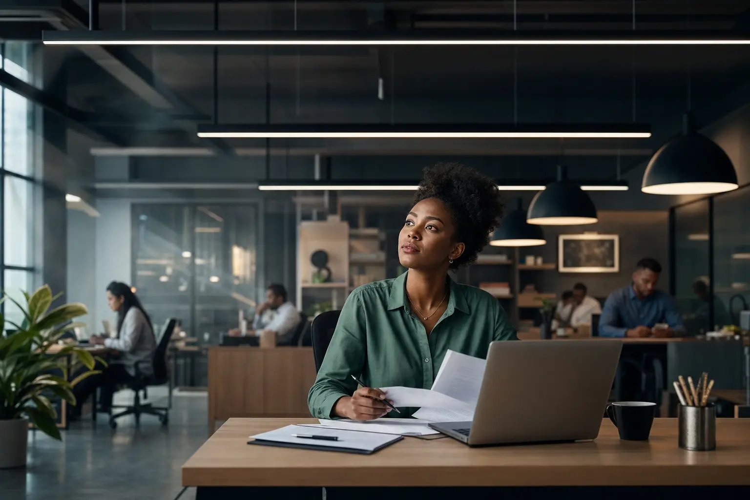Woman at a desk with a laptop and notes, pausing thoughtfully mid-task in an open-plan office lit by linear LED pendant fixtures and black dome pendant lights