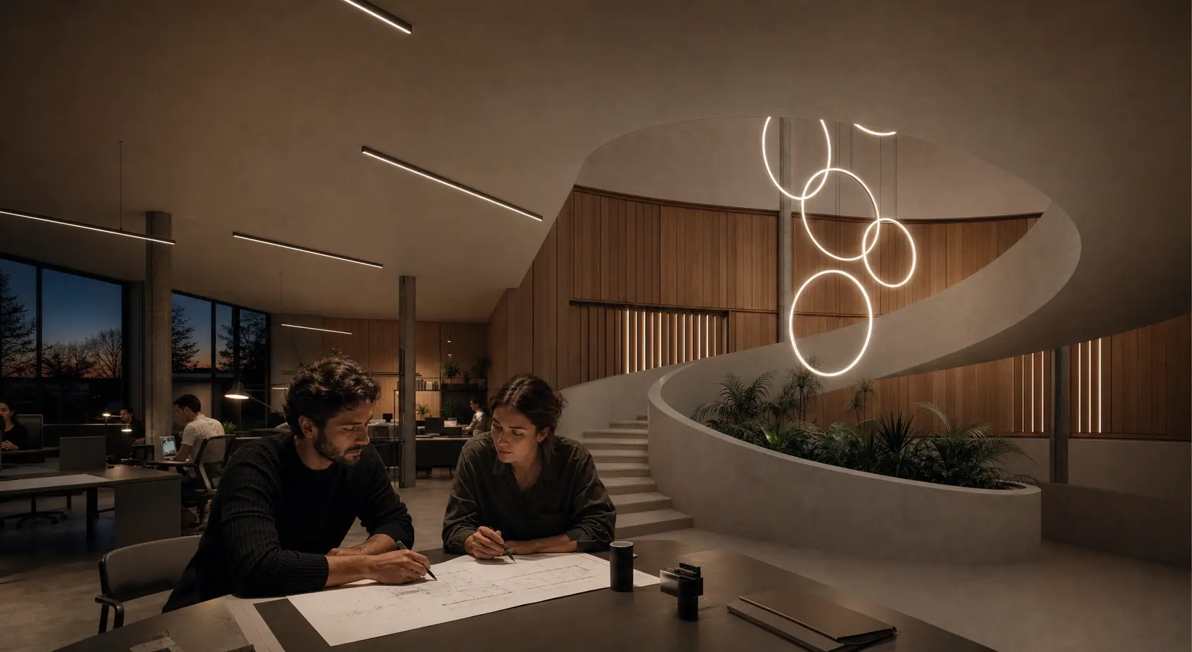 Modern open-plan office with a spiral staircase and a cluster of circular LED ring pendant lights, linear ceiling lighting, and two colleagues reviewing plans at a desk in the foreground.
