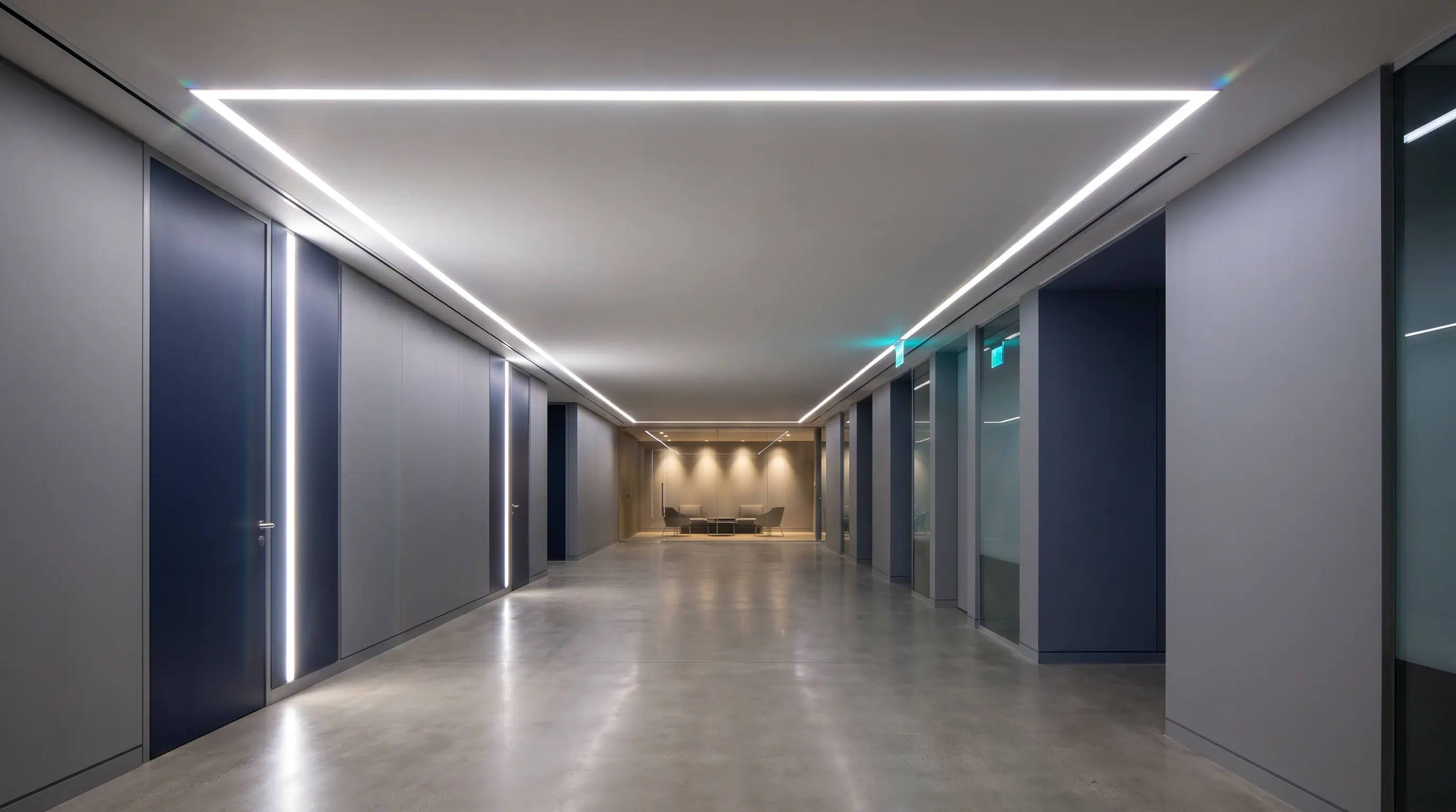 Modern office corridor lit by continuous white LED strip lighting recessed into the ceiling and door frames, leading to a glass-walled meeting room.