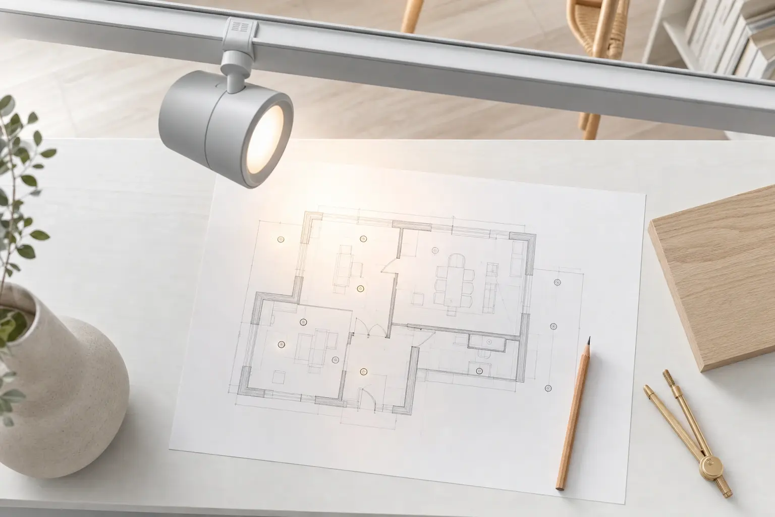 Overhead view of an architectural floor plan on a desk, illuminated by an adjustable track-mounted spotlight, with a pencil, compass, wood sample, and vase nearby