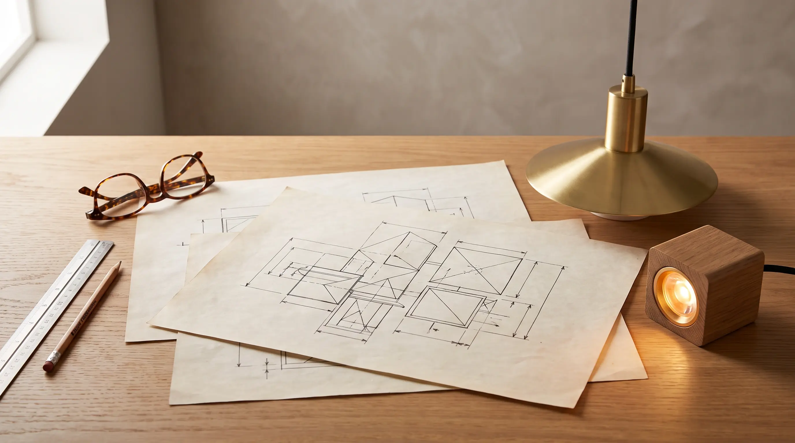 Architectural lighting layout sketches on a desk beside a brass pendant lamp and a small illuminated wooden spotlight fixture