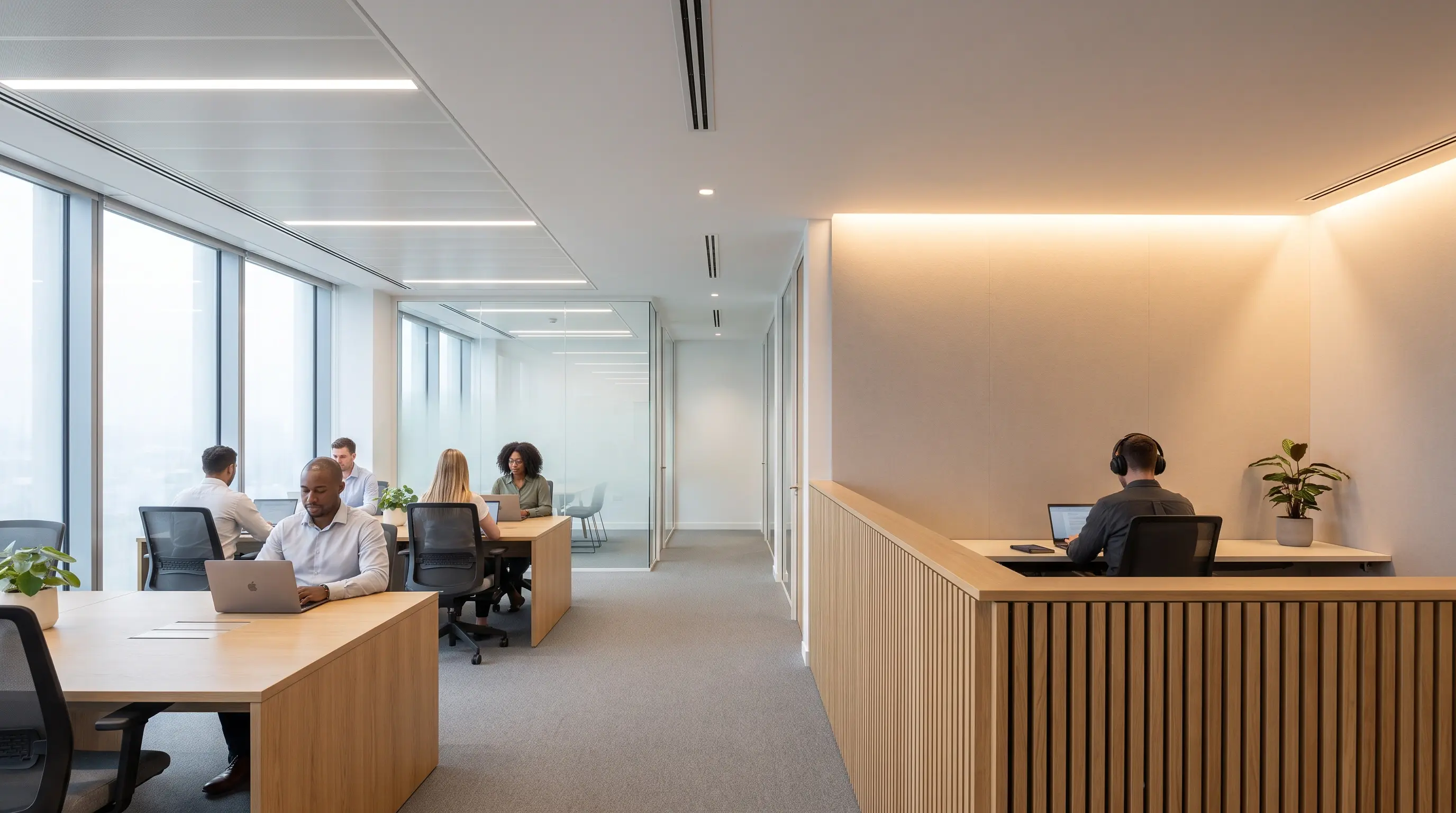 Open-plan office with bright linear ceiling lighting where colleagues work at shared desks, next to a quieter wood-panelled booth with warm indirect lighting where a man wearing headphones works alone
