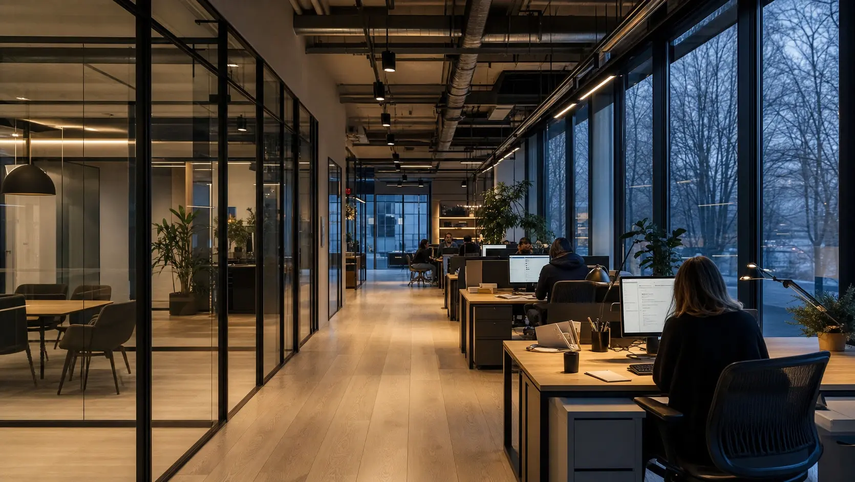 Employees working at desks in a dimly lit open-plan office at dusk, with bare winter trees visible through floor-to-ceiling windows and warm desk lamps supplementing low overhead lighting